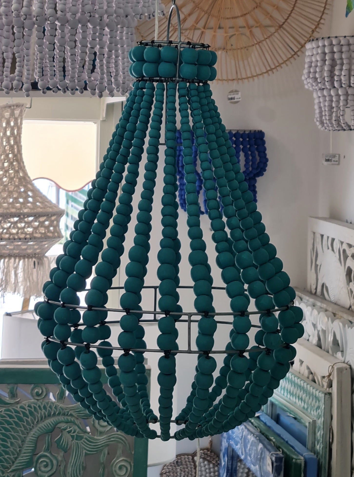 lampadario palline legno turchese tiffany green piccolo