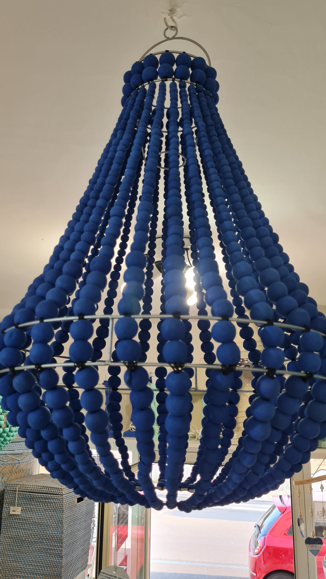 lampadario palline legno  medio blu