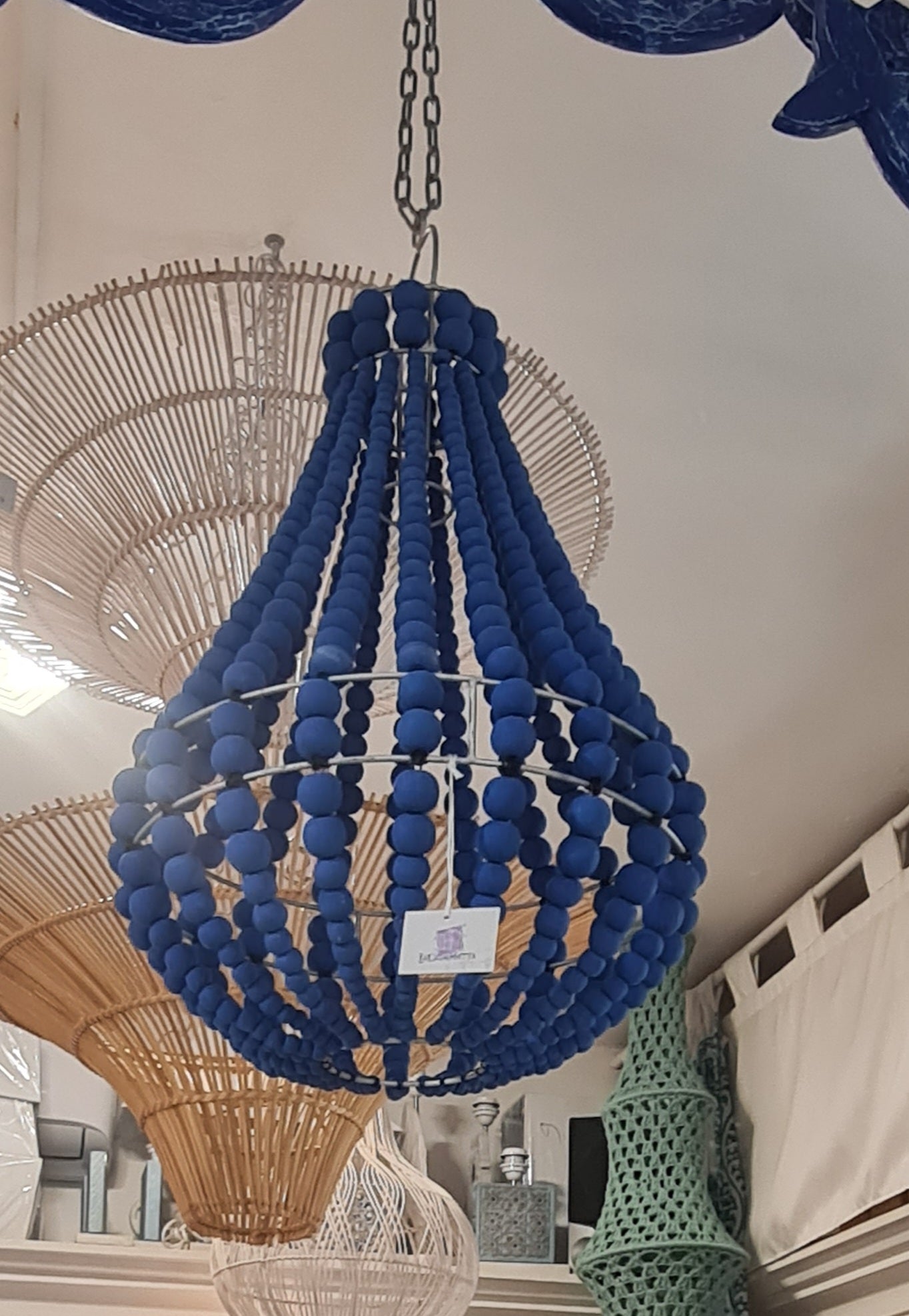 lampadario palline legno piccolo blu