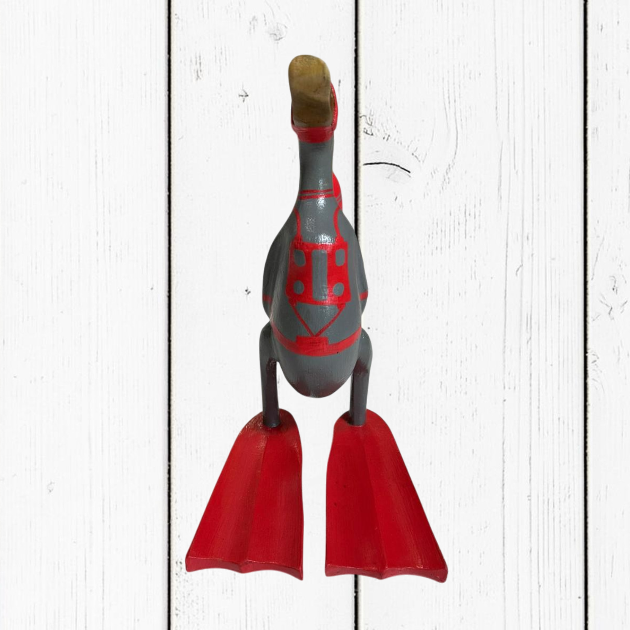 Papera Decorativa In Legno Artigianale Sub Grigio Rosso Corallo Pinne Bombola