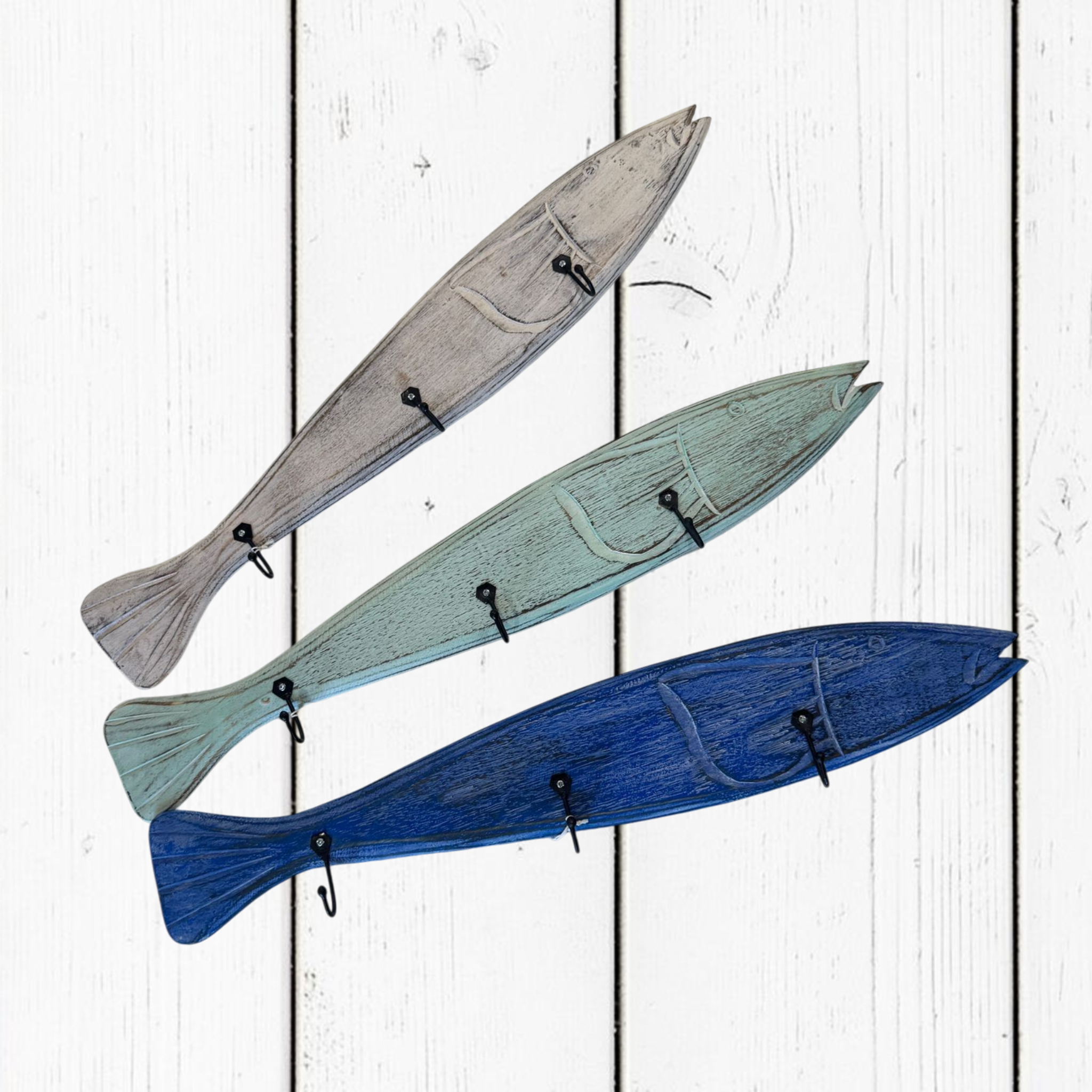 Appendino a Forma di Pesce in Legno con 3 Ganci in Ferro | Decorazione Marina
