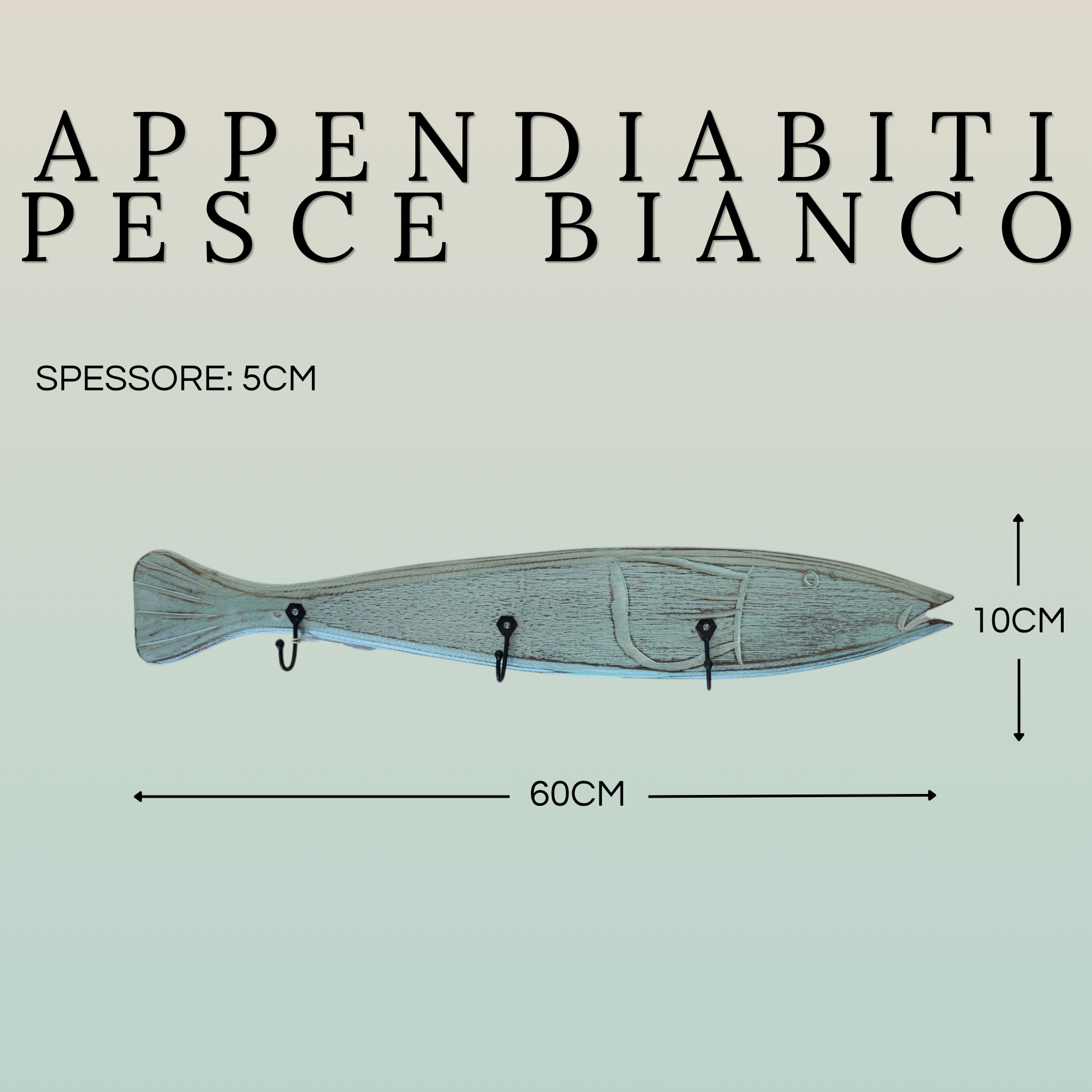 Appendino a Forma di Pesce in Legno con 3 Ganci in Ferro | Decorazione Marina