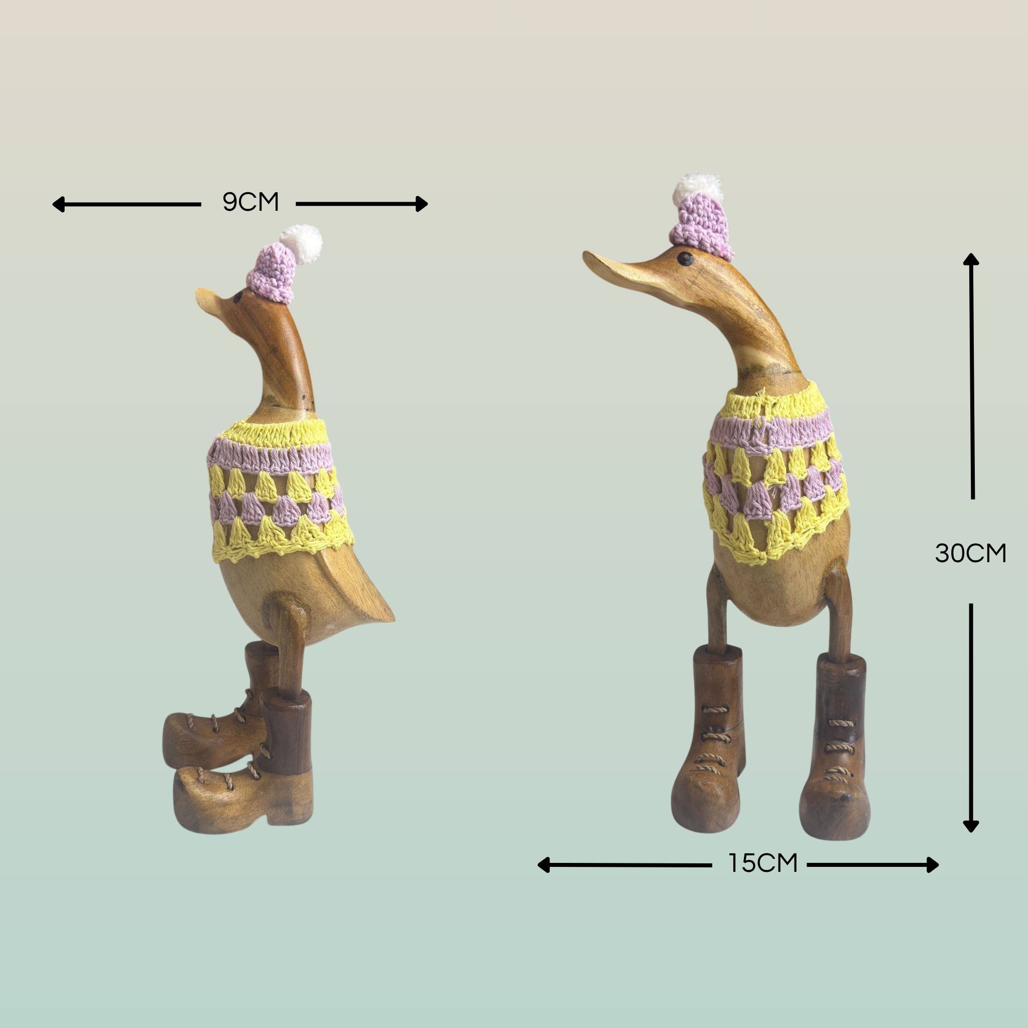 Papera Decorativa In Legno Artigianale Macramè Gialla e Lilla Cappello Pon Pon