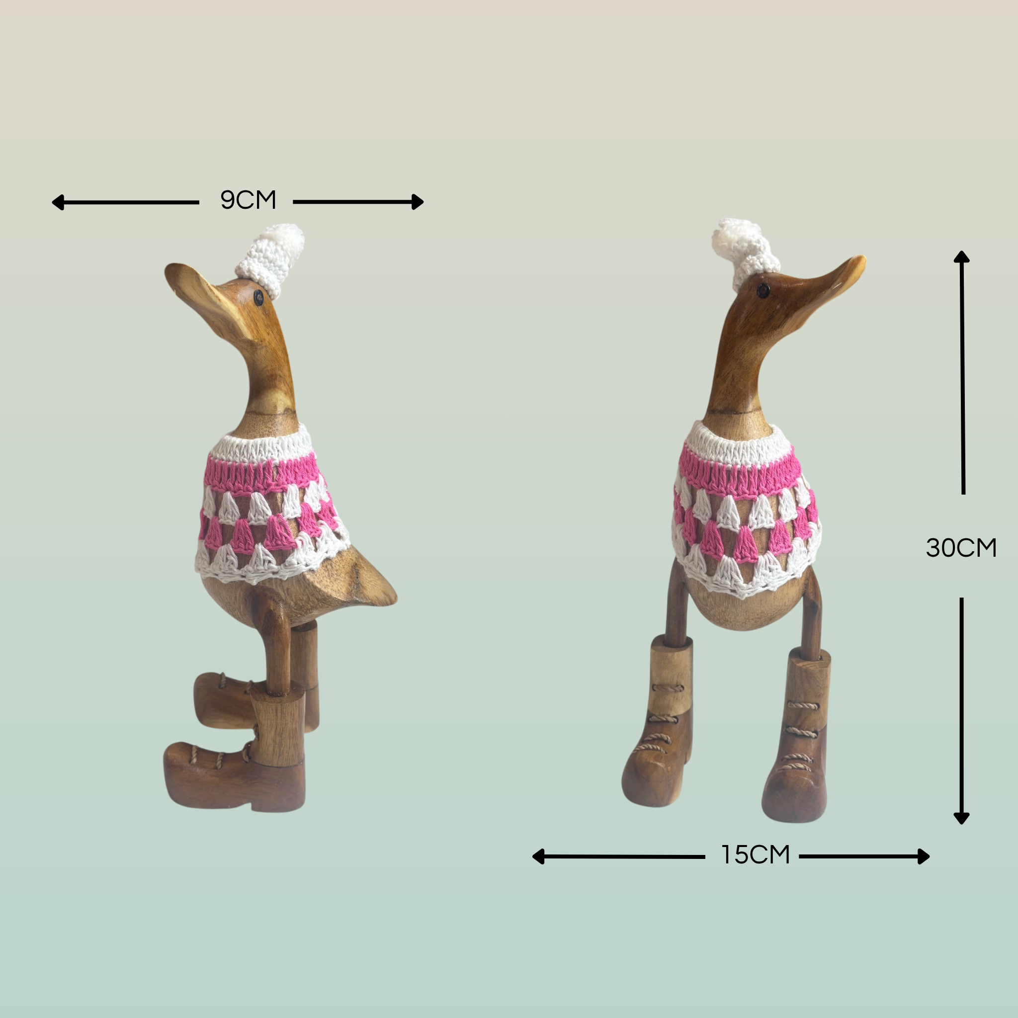 Papera Decorativa In Legno Artigianale Macramè Bianco e Rosa Cappello Pon Pon