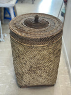 Portabiancheria in Rattan e Bamboo Tondo con Base in Legno – Cesto Biancheria con Coperchio