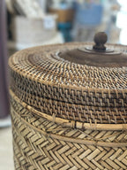 Portabiancheria in Rattan e Bamboo Tondo con Base in Legno – Cesto Biancheria con Coperchio