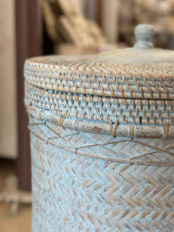 Portabiancheria in Rattan e Bamboo Tondo con Base in Legno – Cesto Biancheria con Coperchio