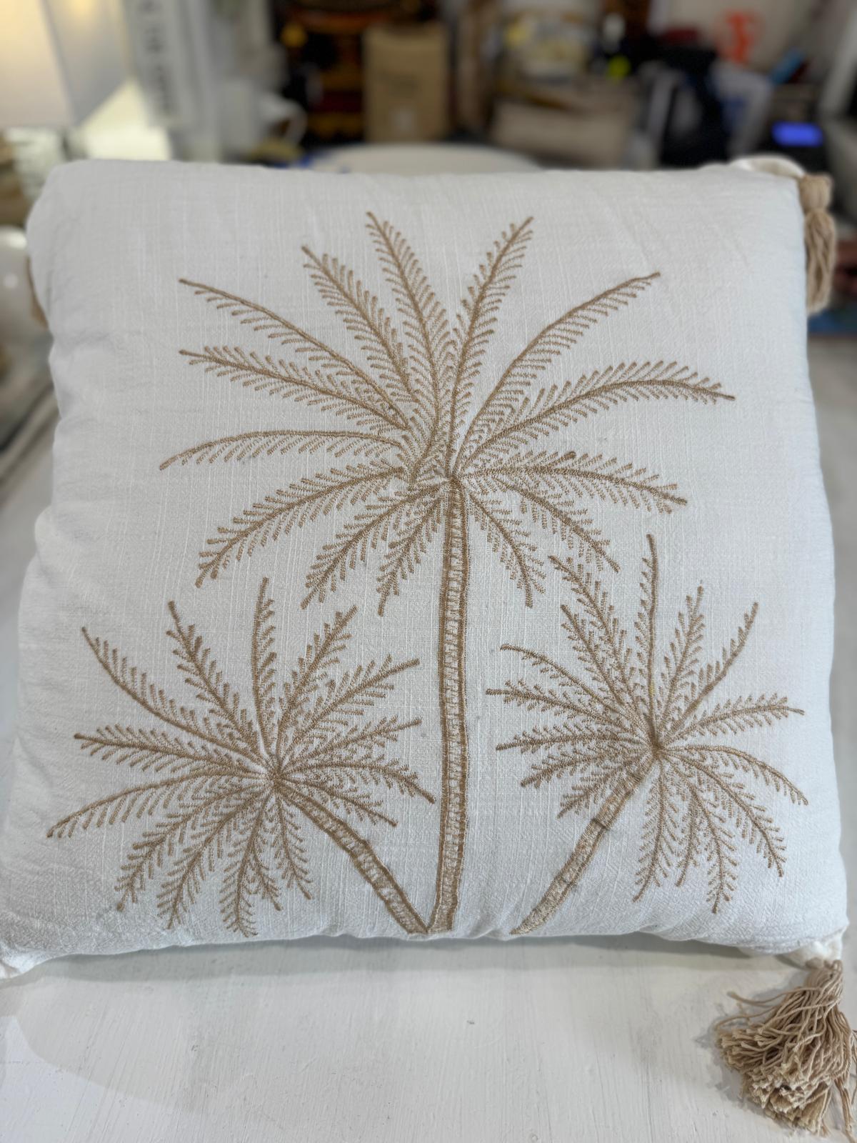CUSCINO BIANCO QUADRATO TRE PALME STILIZZATE GOLD CON TASSEL 50X50