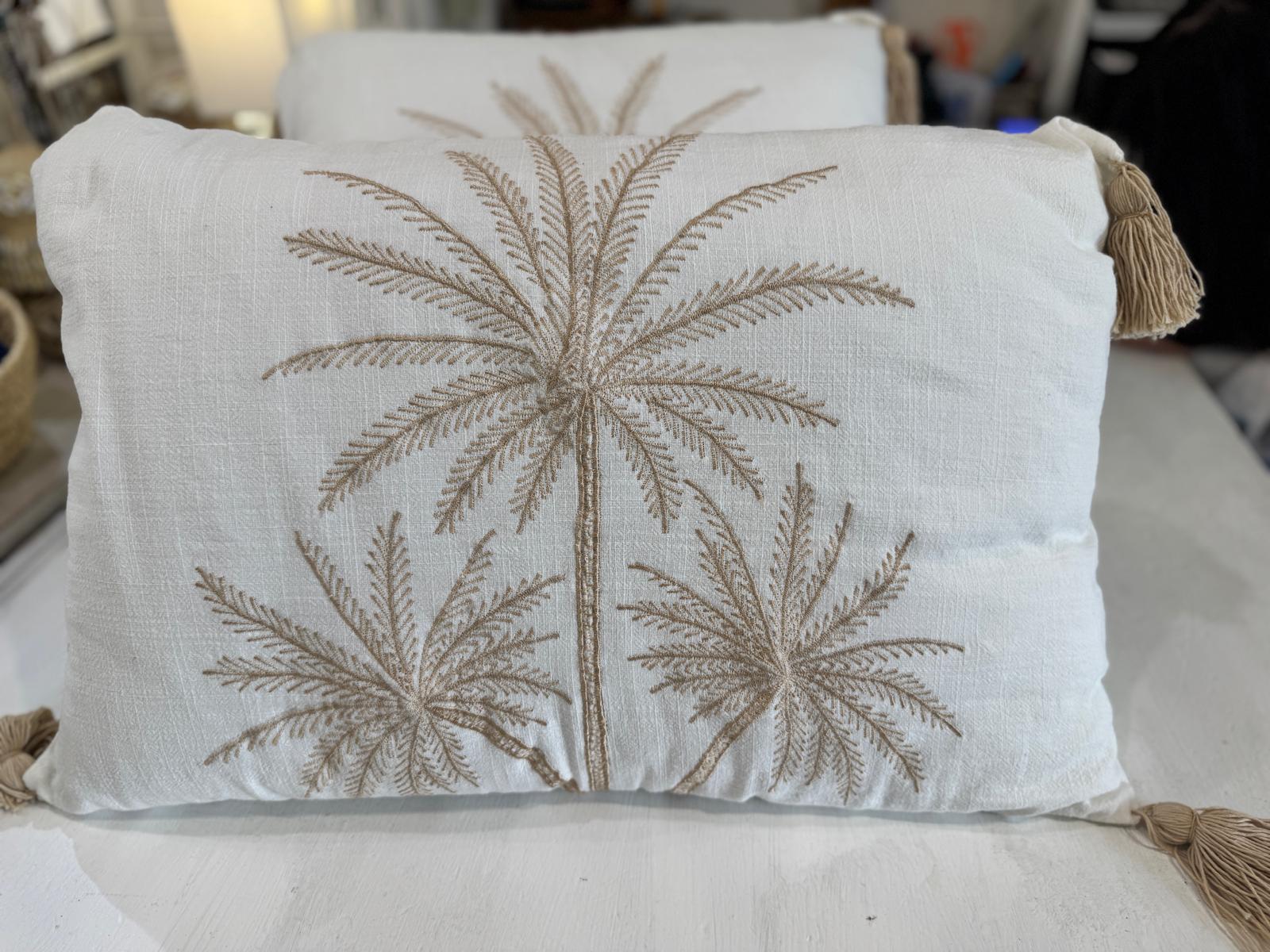 CUSCINO BIANCO RETTANGOLARE  TRE PALME STILIZZATE GOLD CON TASSEL 40X60