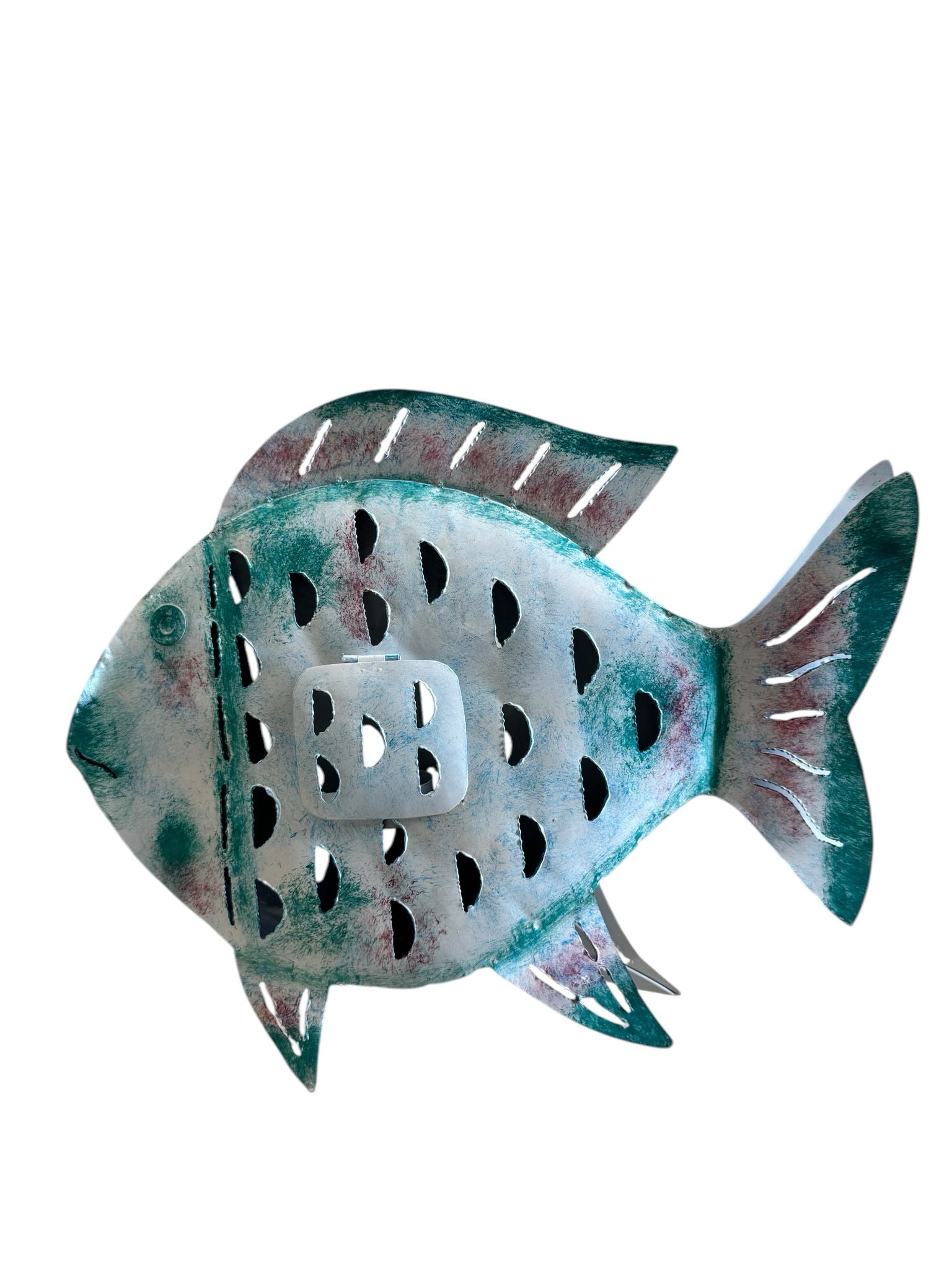 PESCE DA APPOGGIO FERRO SFUMATO BIANCO VERDE CON ROSA PORTACANDELA