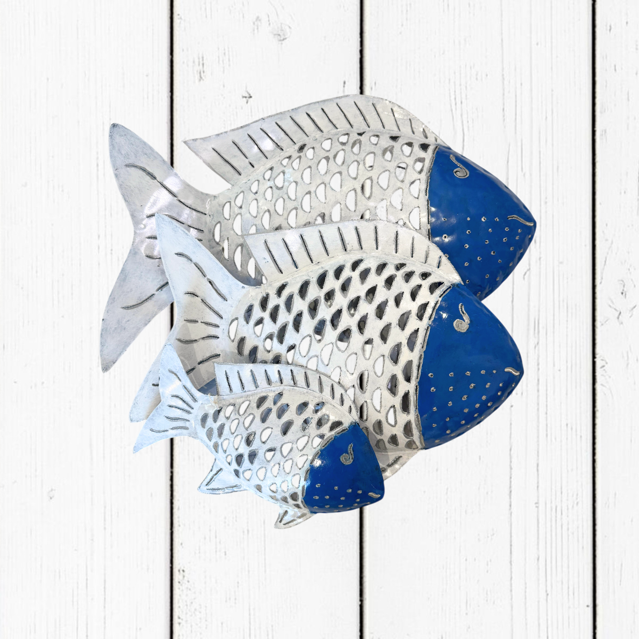 Pesce Decorativo In Ferro Battuto Azzurro E Bianco Collezione Tropicale