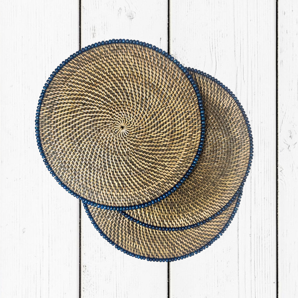 Placemat Tondo Rattan con Bordo Palline di Legno Ø38 cm – Naturale-Blu Navy / Naturale-Turchese