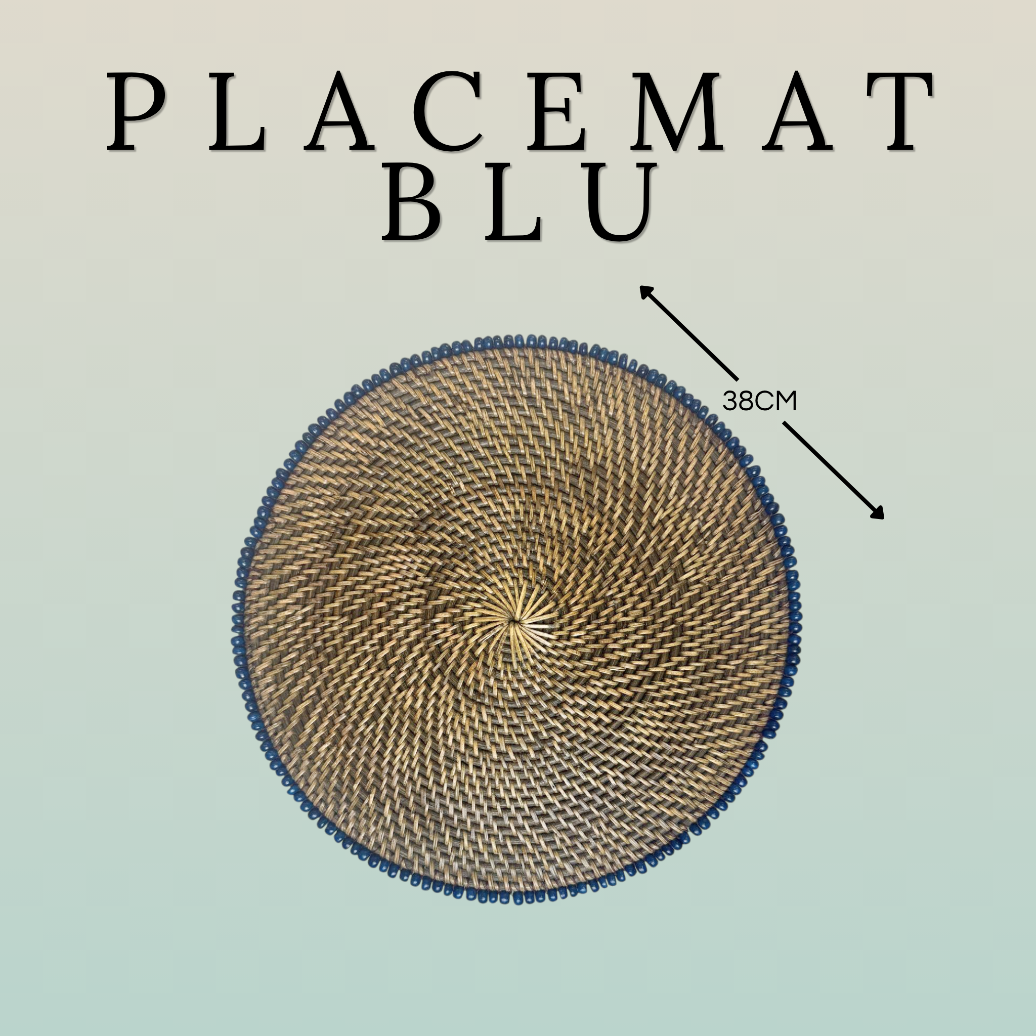 Placemat Tondo Rattan con Bordo Palline di Legno Ø38 cm – Naturale-Blu Navy / Naturale-Turchese