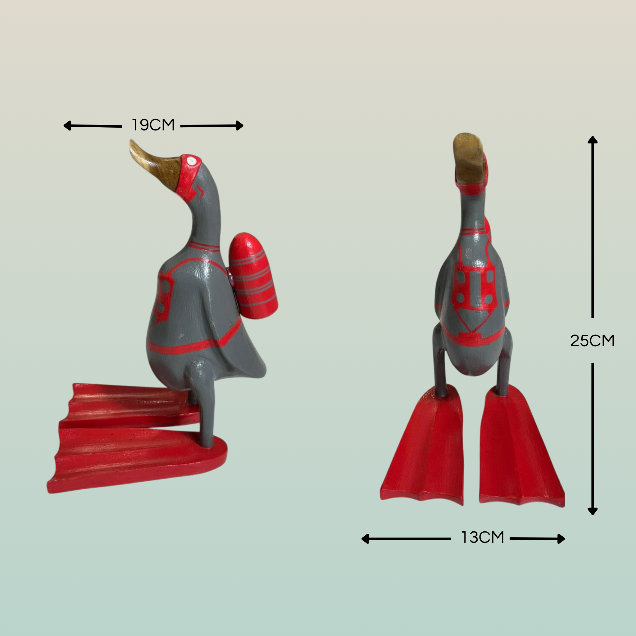 Papera Decorativa In Legno Artigianale Sub Grigio Rosso Corallo Pinne Bombola