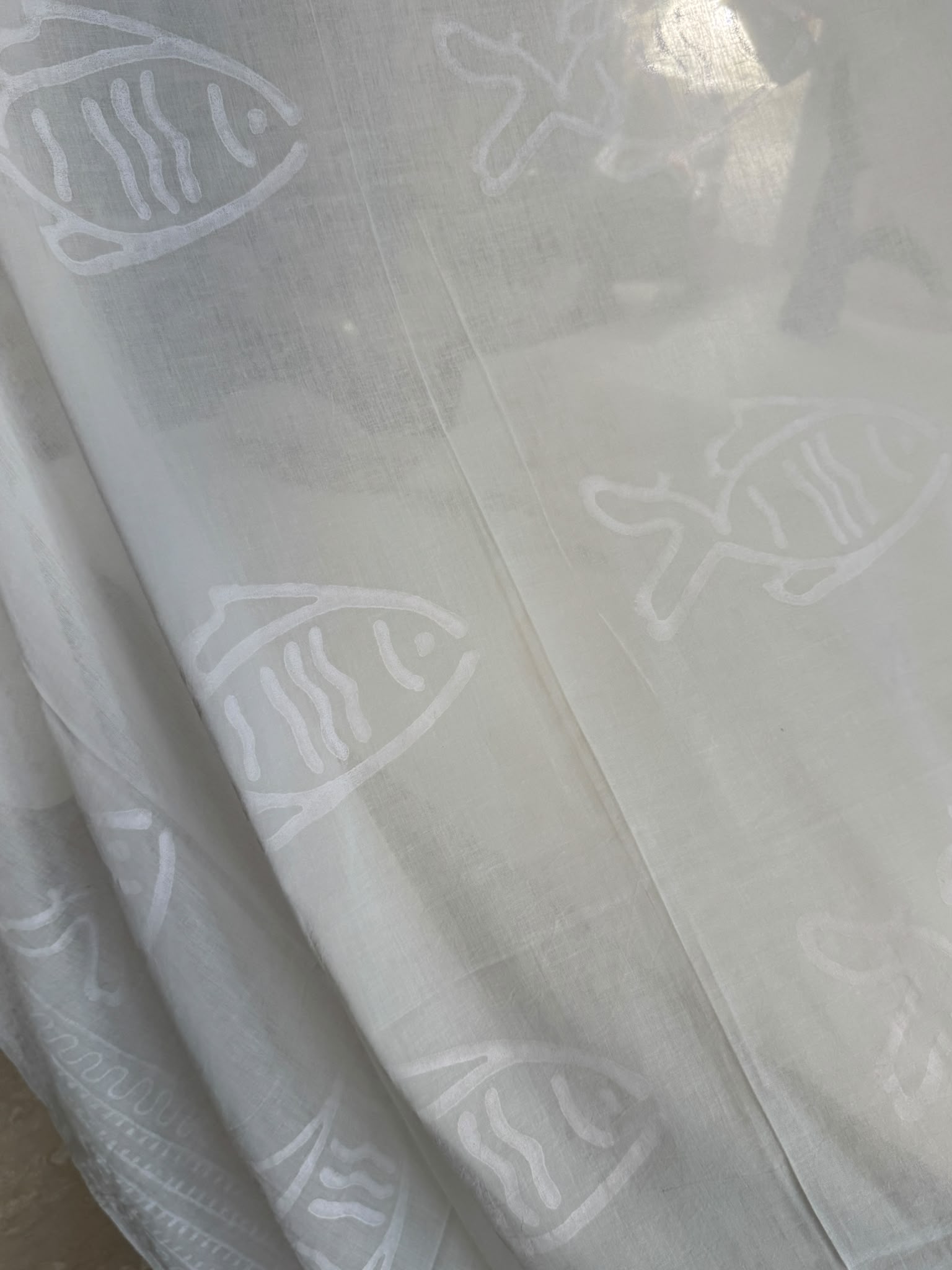 Tenda Voile Cotone Bianca Pesci Stilizzati 150x300 cm