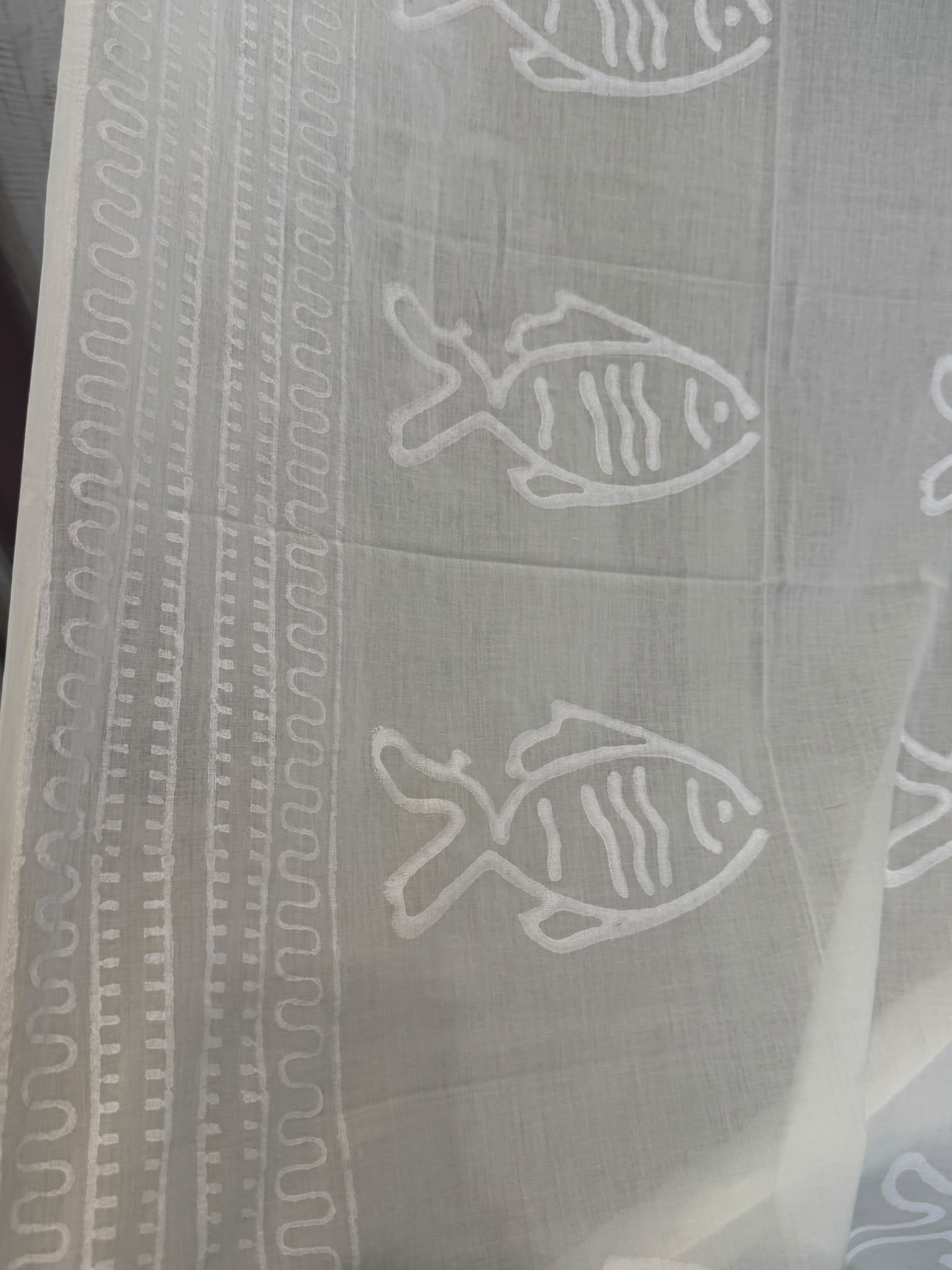 Tenda Voile Cotone Bianca Pesci Stilizzati 150x300 cm