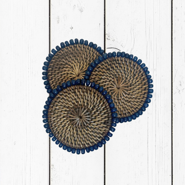 Sottobicchiere Dark Brown con Palline di Legno Ø12 cm – Blu Navy / Turchese