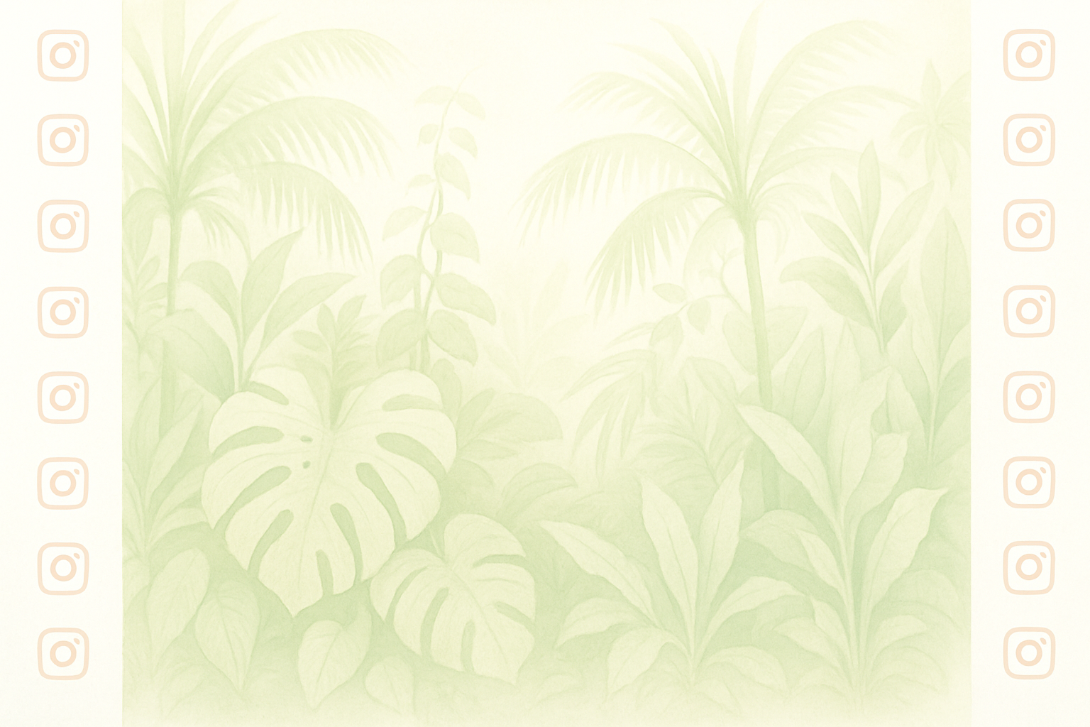 crea un immagine con delle piante dellagiungla con toni molto chiari e delle piccole icone di instagram che si ripetono in altezza sui lati della foto