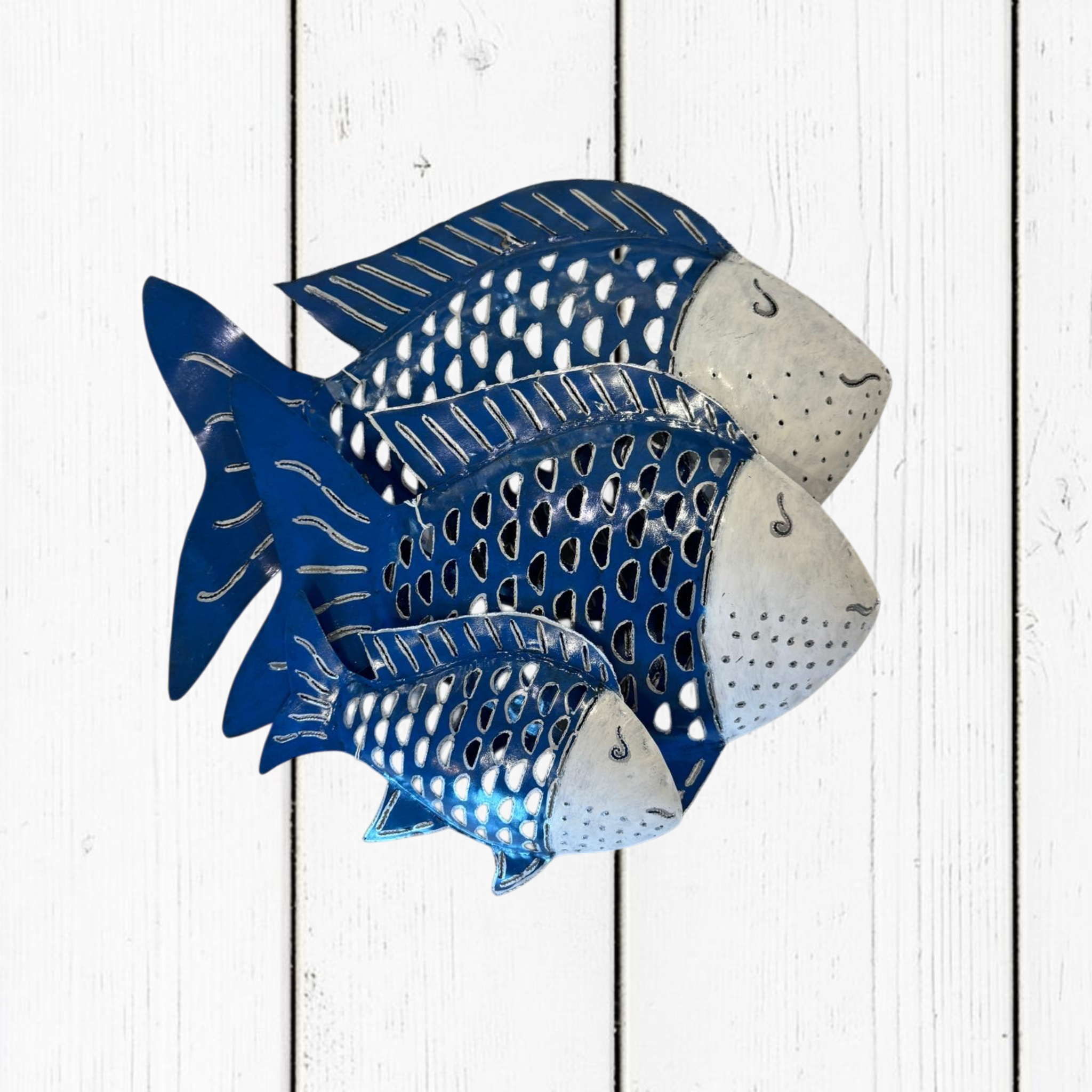 Pesce Decorativo In Ferro Battuto Azzurro E Bianco Collezione Tropicale