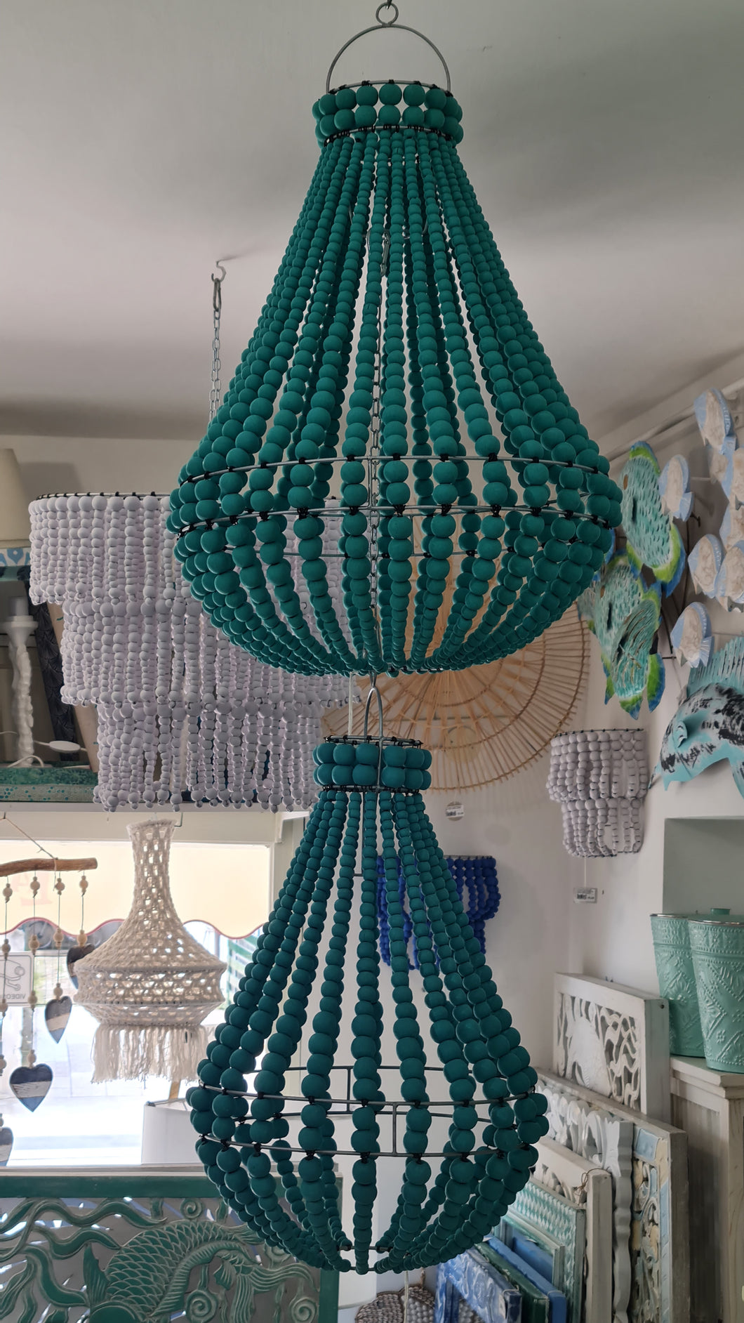 lampadario palline legno turchese tiffany green medio