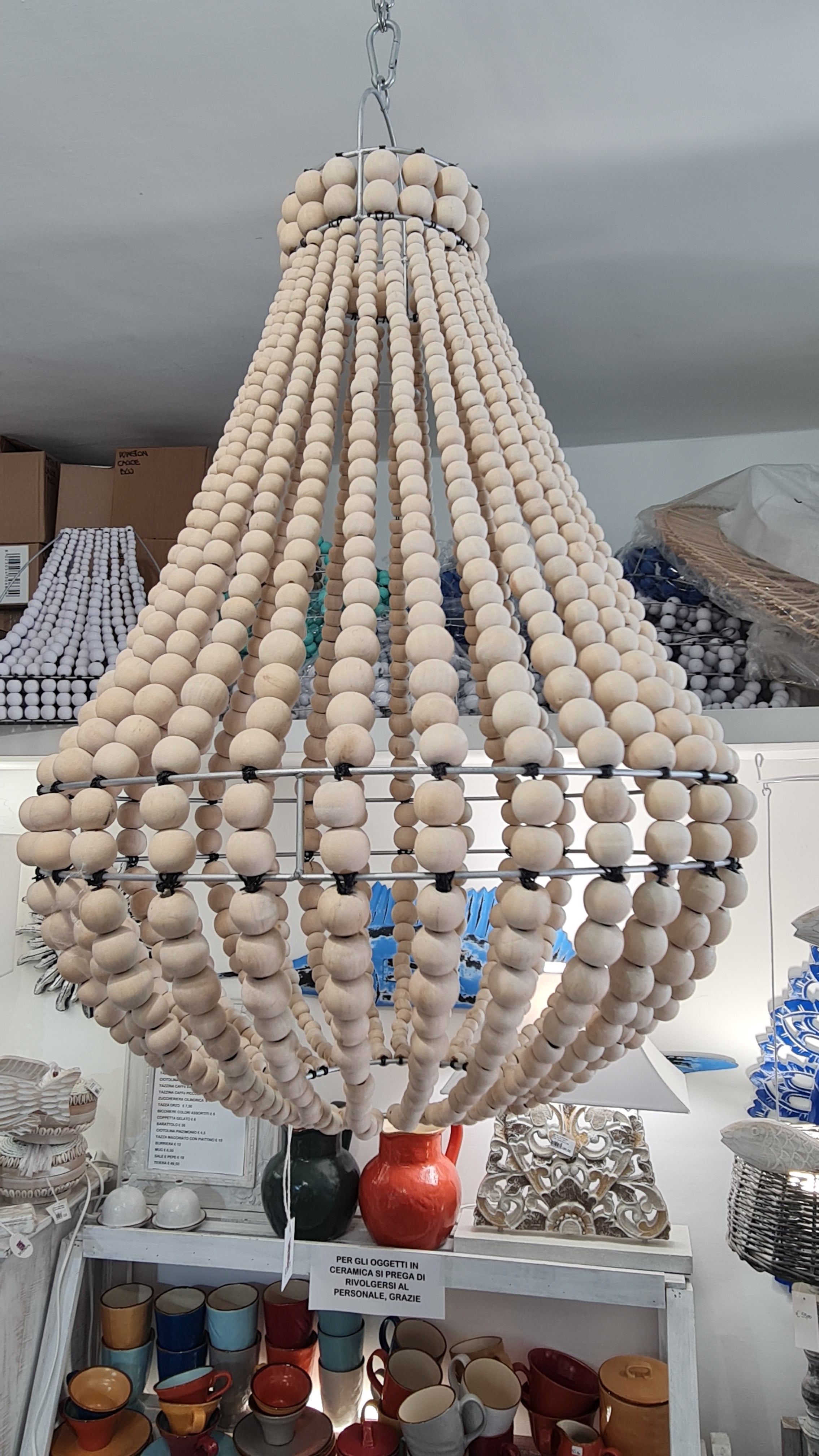 lampadario palline legno  grande naturale